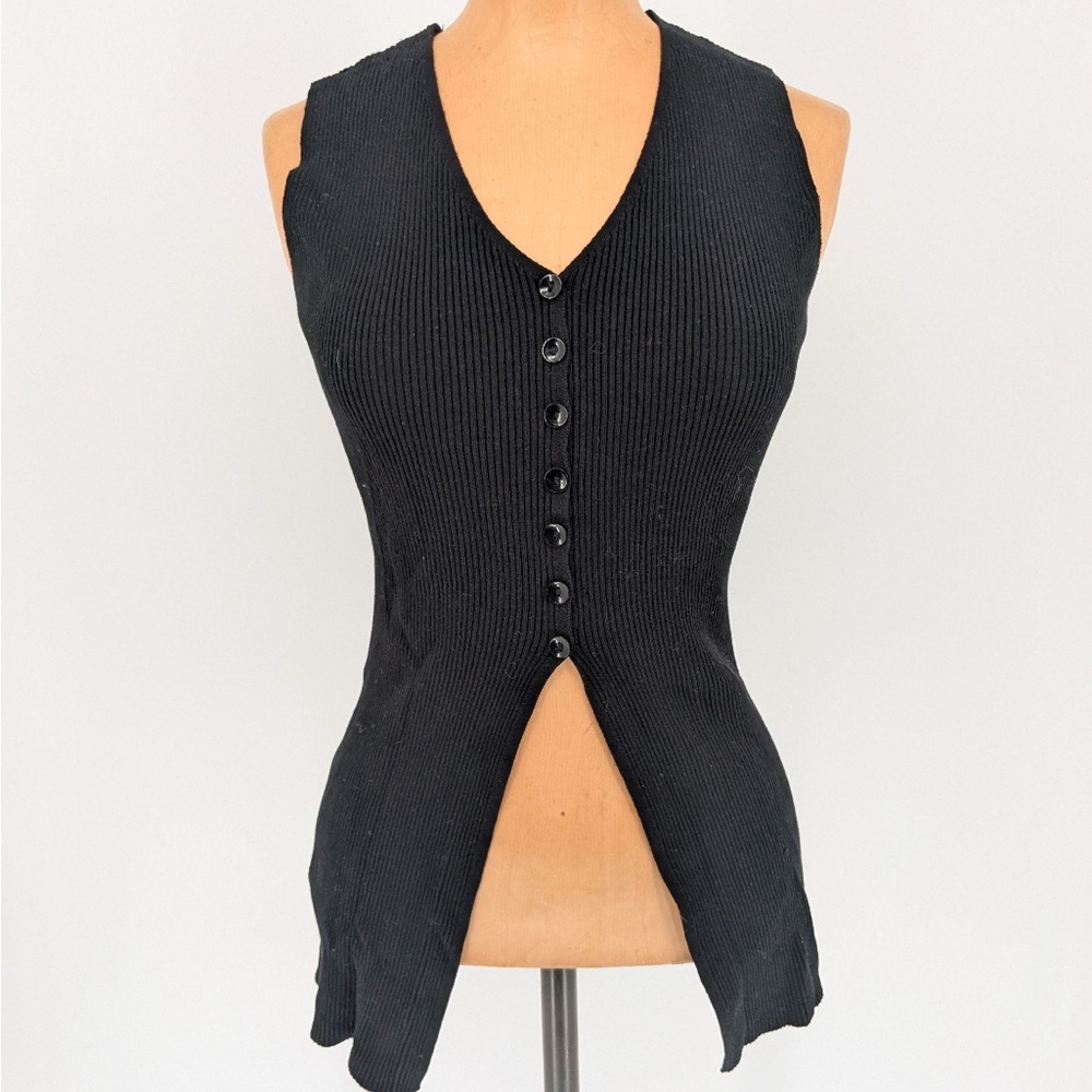 RIVIR Black Ribbed Button Front Tunic Top Size Small Going Out Sleeveless